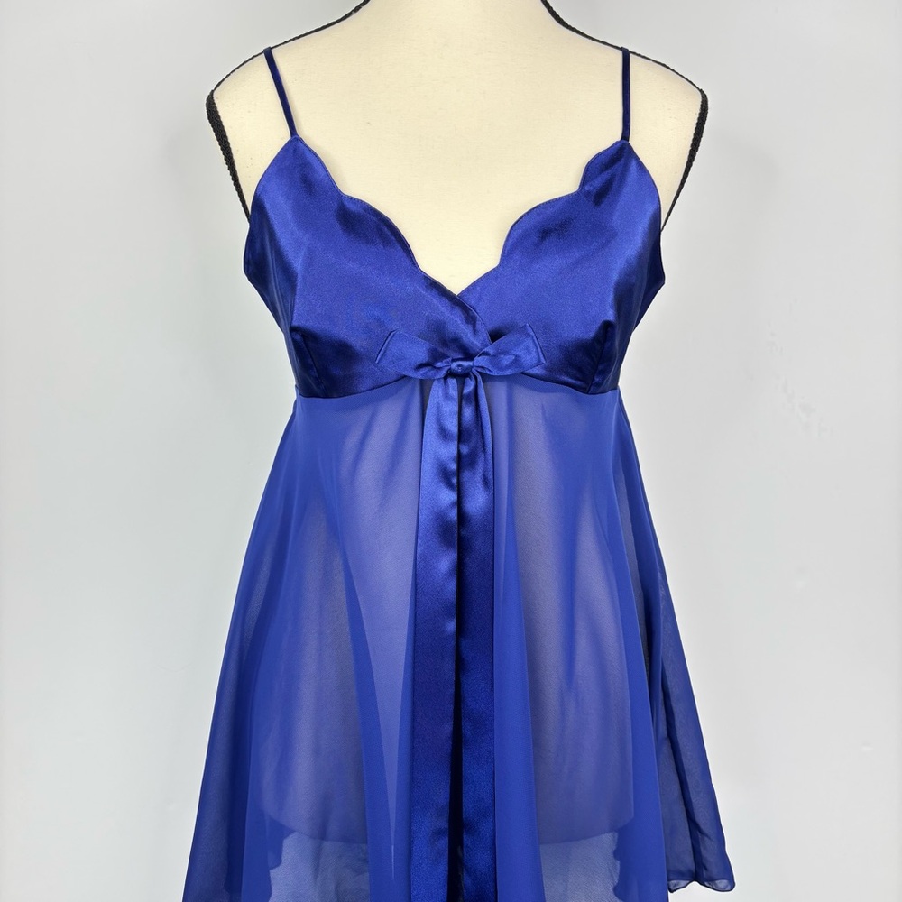Victoria's Secret Royal Blue Satin Chiffon Coquette Babydoll Bow Nightie Small - Picture 4 of 9